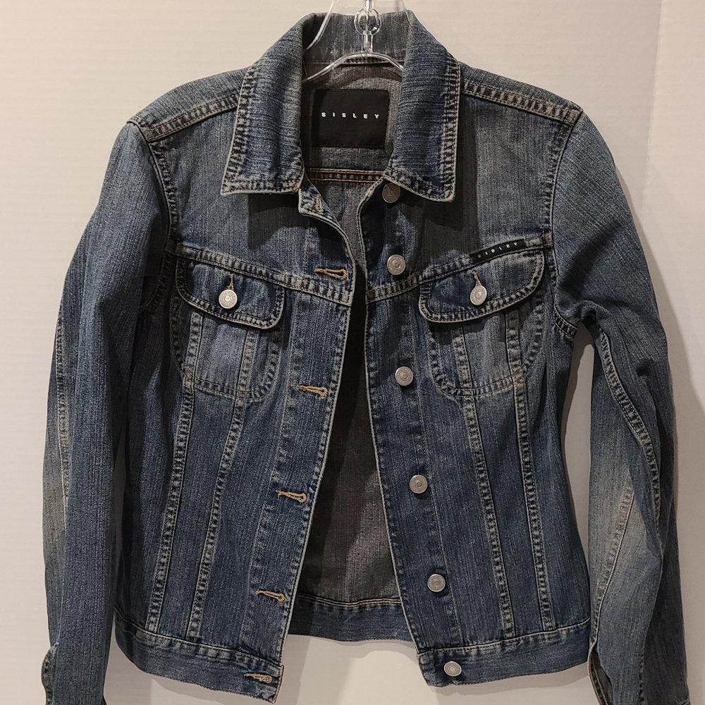 EUC-SISLEY Paris Blue Distressed Classic Denim Jean Jacket XS-100% cotton-ITALY